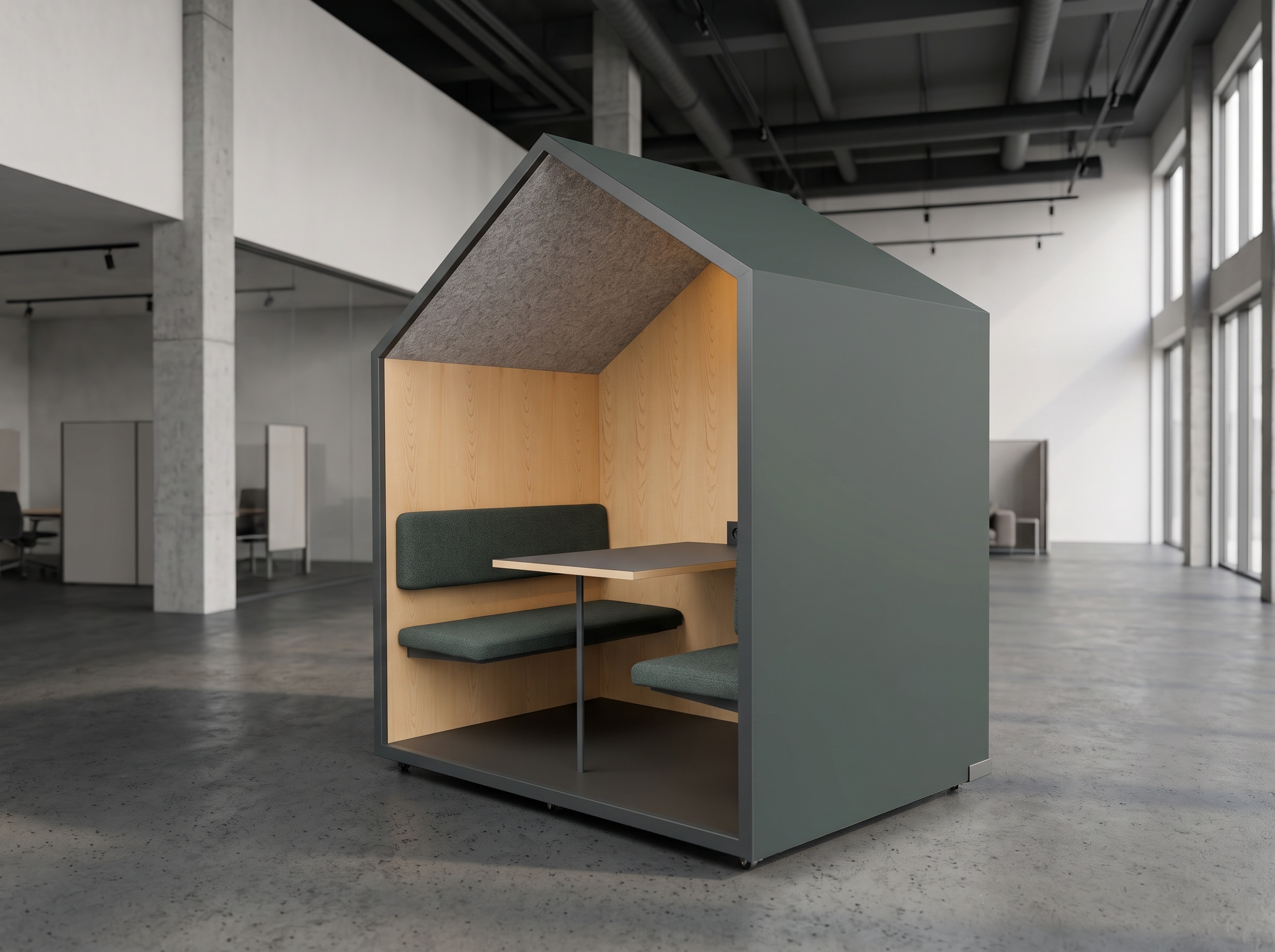 TINY Pod full interior view — bench, table and birch veneer walls