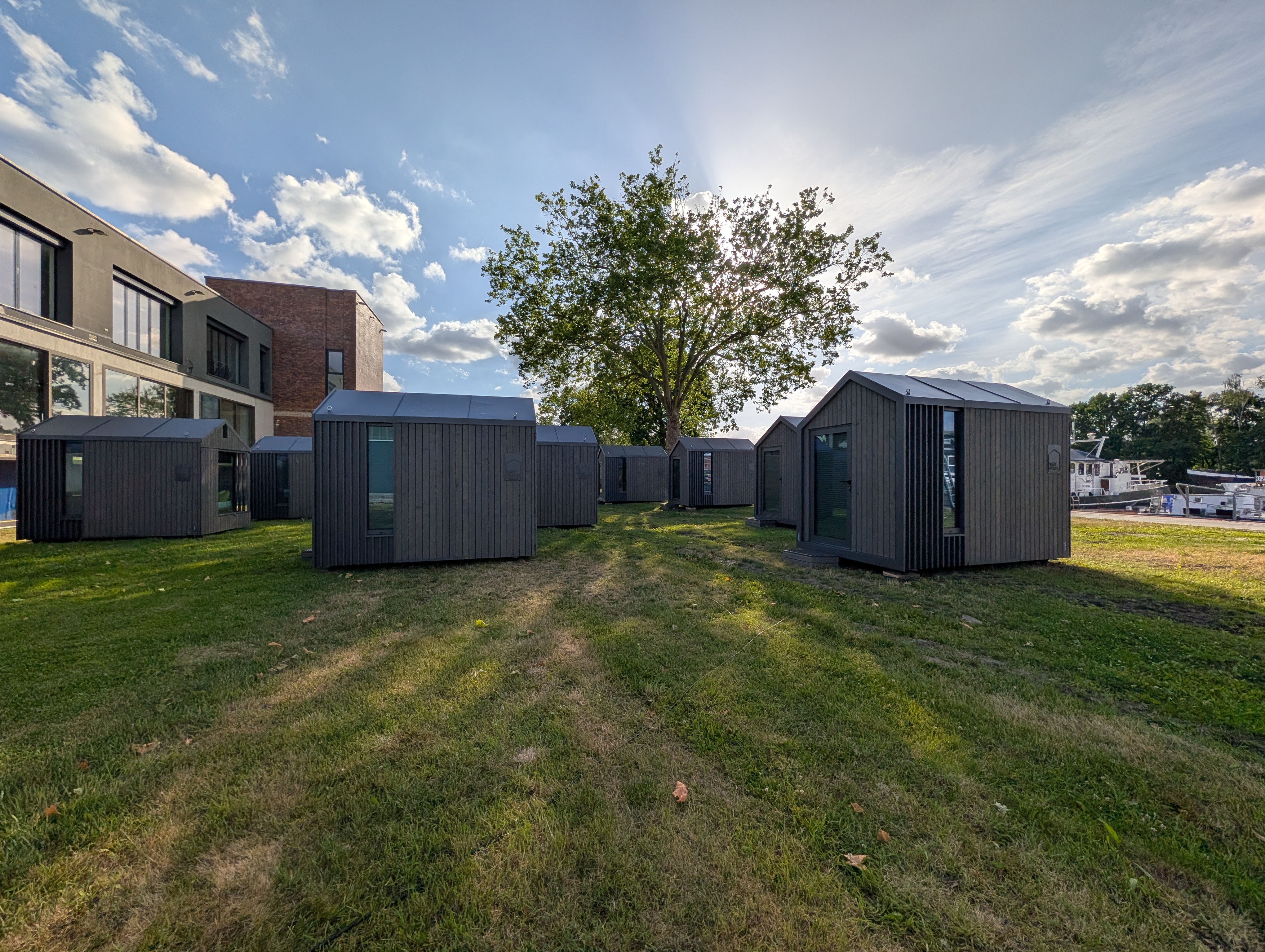 TINY Sleep cabins on the lawn beneath an old tree